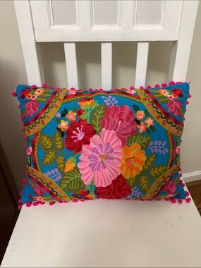 Boho Embroidered Floral Throw Pillow 
With Pom Pom Trim